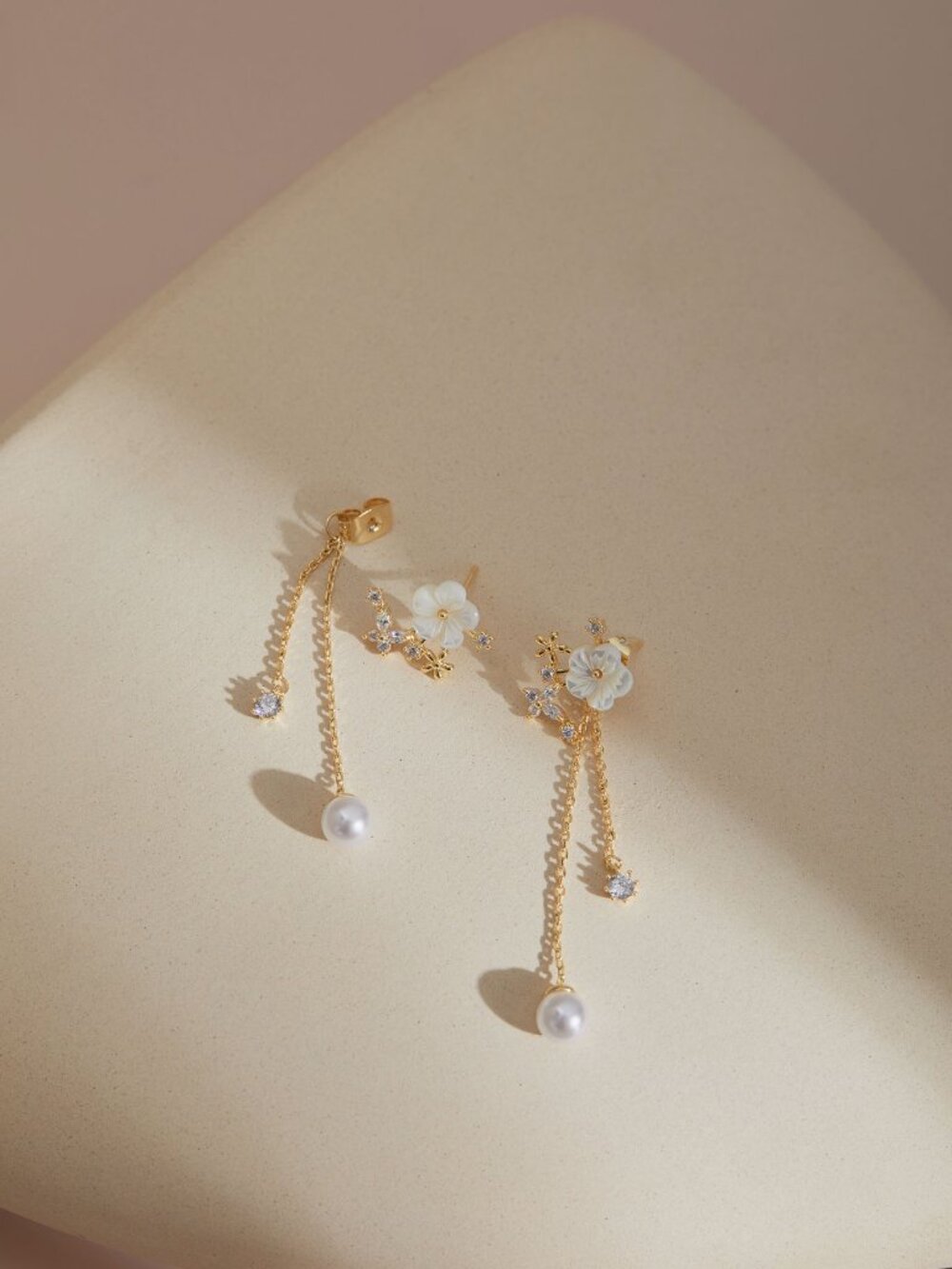 Gold Floral Pearl Drop Earrings Bridal 925 Silver Post - Picture 3 of 5